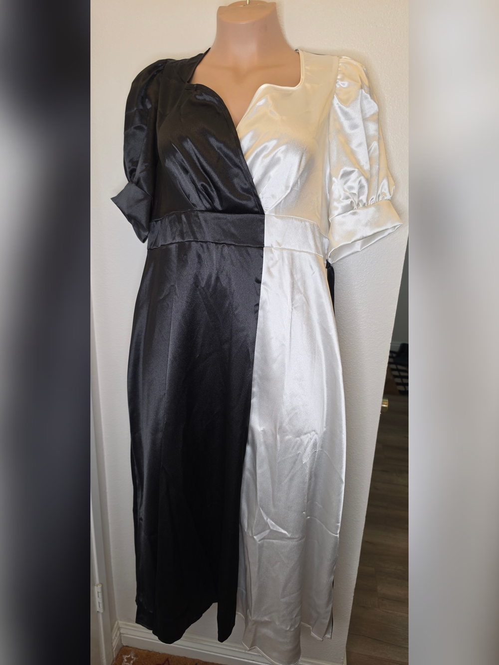 SHEIN CRUELLA INSPIRED Two-Tone Black & White Satin Midi Dress